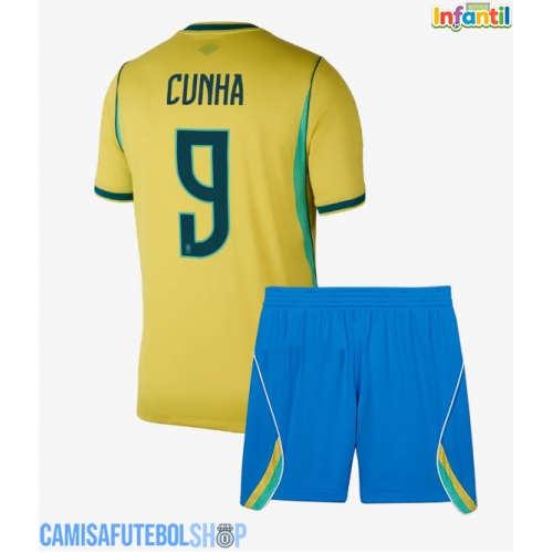 Camisa de time de futebol Brasil Matheus Cunha #9 Replicas 1º Equipamento Infantil Mundo 2026 Manga Curta (+ Calças curtas)